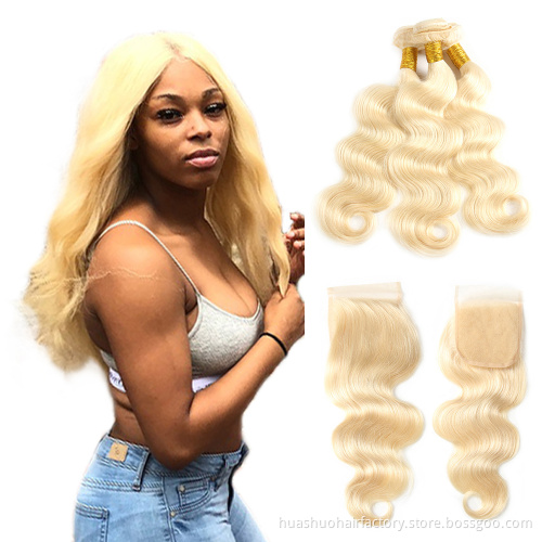 Huashuo Factory Price Ombre 613 Blonde  Human Hair Weave With Closure  Virgin Unprocessed Hair Frontal